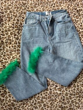 Light denim Flared Jeans with Green Feather Trim